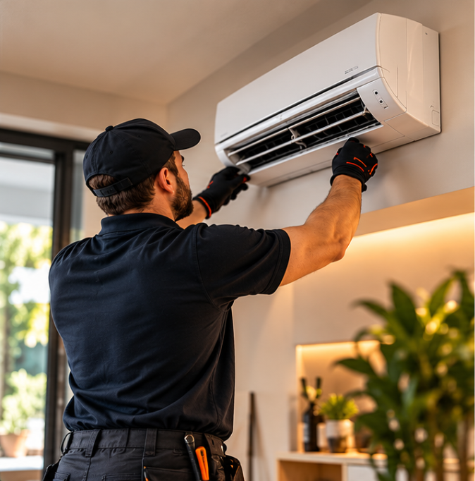Buitenunit van een airconditioning bij zonsondergang